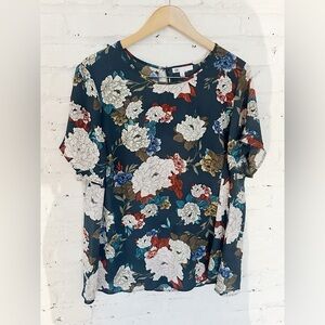 DR2 Floral Short Sleeve Blouse Multicolor Dark Teal Size XL/XXL